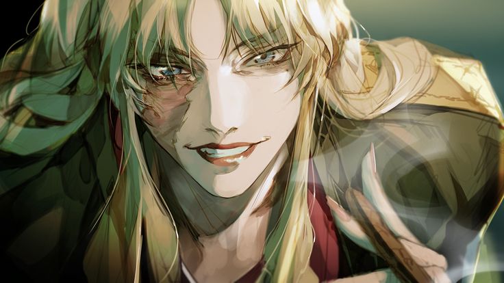 an anime character with blonde hair and green eyes