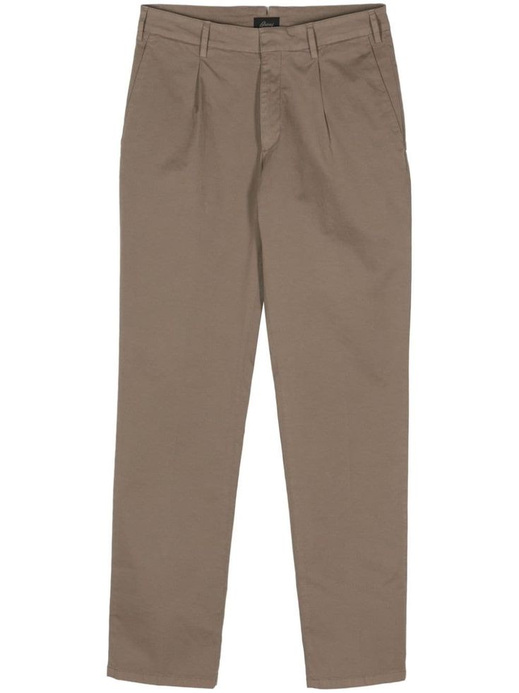 light brown cotton twill weave pleat detailing concealed front button, hook and zip fastening belt loops two diagonal pockets to the sides two rear button-fastening jetted pockets tapered leg City Shorts, Silk Suit, Pleated Trousers, Twill Weave, Wool Trousers, Dress Watch, Tapered Pants, Pleated Pants, Summer Beach Wear