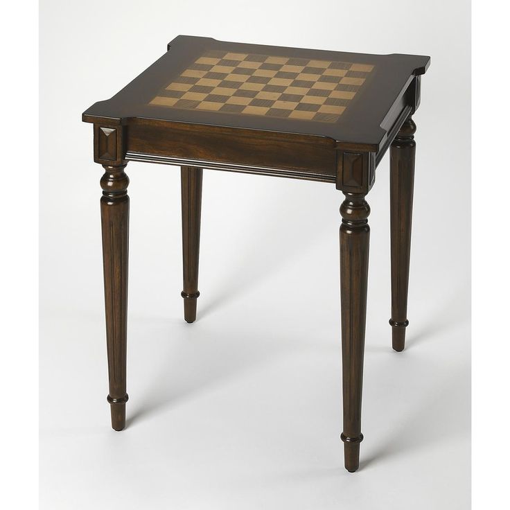 a wooden table with a chess board on it's top and legs in the shape of an end table