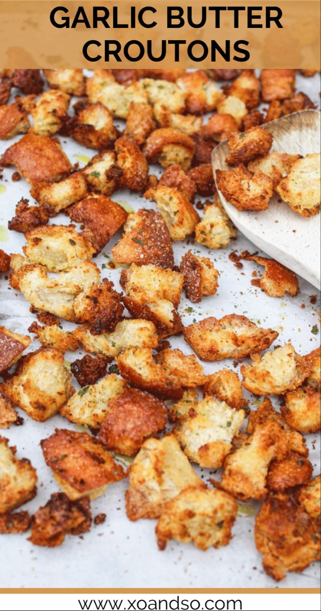 homemade garlic butter croutons on a baking sheet