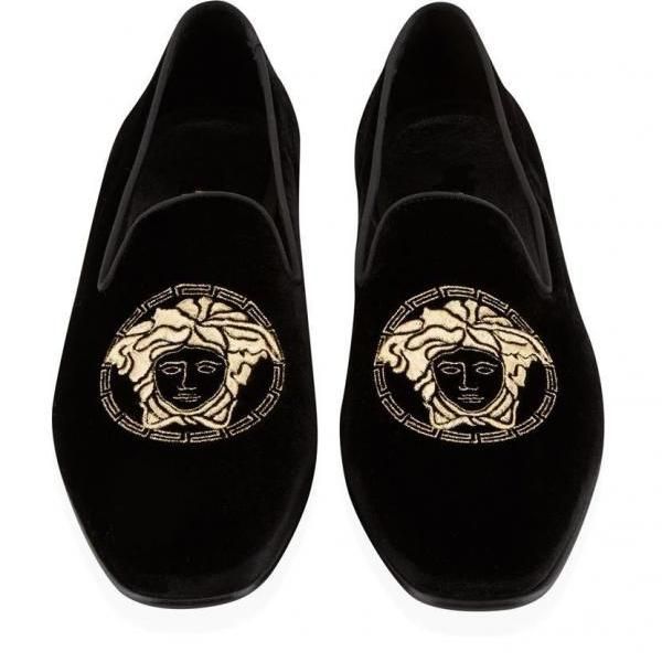 #Customized #Handmade #Men's #Black #Loafer #Slippers #Embroidery #Velvet #Versace #Logo #Leather #Shoes Black Velvet Loafers, Black Loafers Men, Embroidered Loafers, Handmade Leather Boots, Cowboy Shoes, Leather Sole Shoes, Velvet Loafers, Black Slippers, Embroidery Shoes