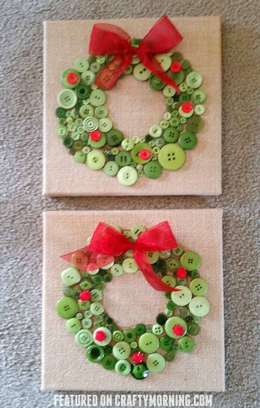 two christmas wreaths made out of buttons