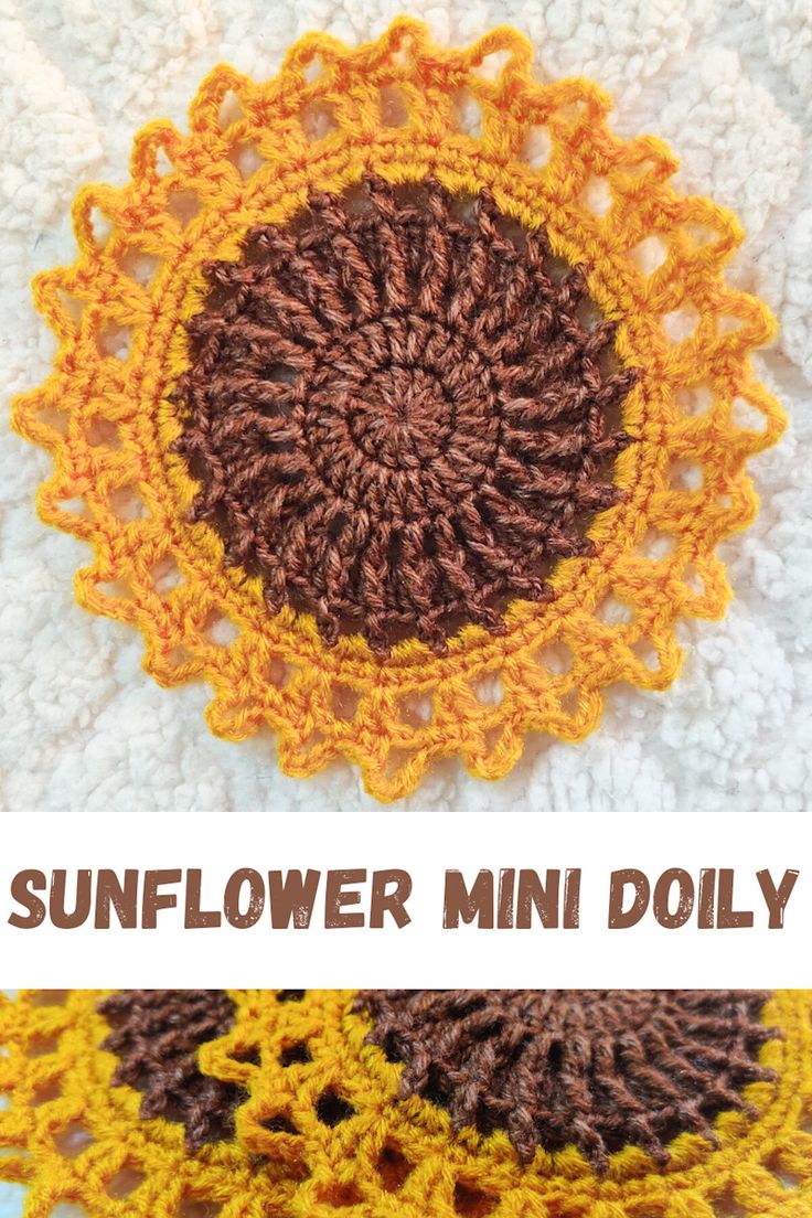 the sunflower mini doily is made with yarn and crocheted in brown, yellow and white