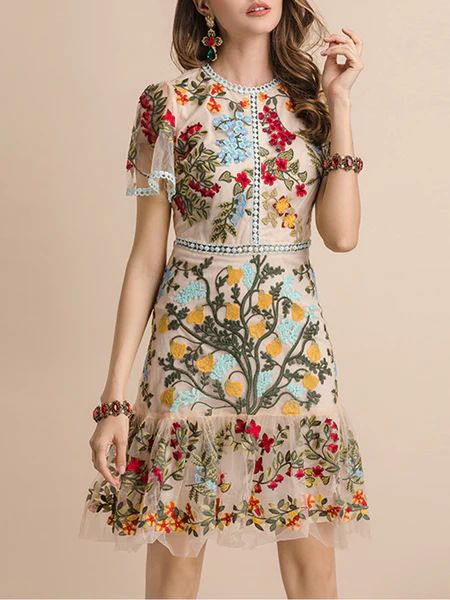 TERASSE Mini Dress – ZCRAVE Elegant A-line Mini Dress With Floral Embroidery, Feminine Floral Embroidered Short Sleeve Dress, Elegant Spring Dresses With Floral Applique, Feminine Knee-length Floral Embroidered Dress, Elegant Floral Applique Spring Dress, Feminine Floral Embroidered Dress For Garden Party, Spring A-line Embroidered Party Dress, Spring Feminine Dress With Floral Embroidery, Spring Floral Embroidery Midi Dress