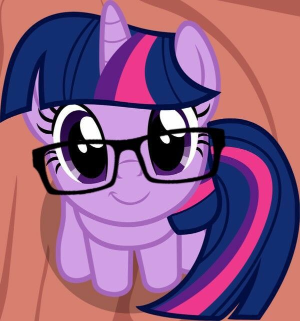 a pinkie pony with glasses on it's head and purple hair is looking at the camera