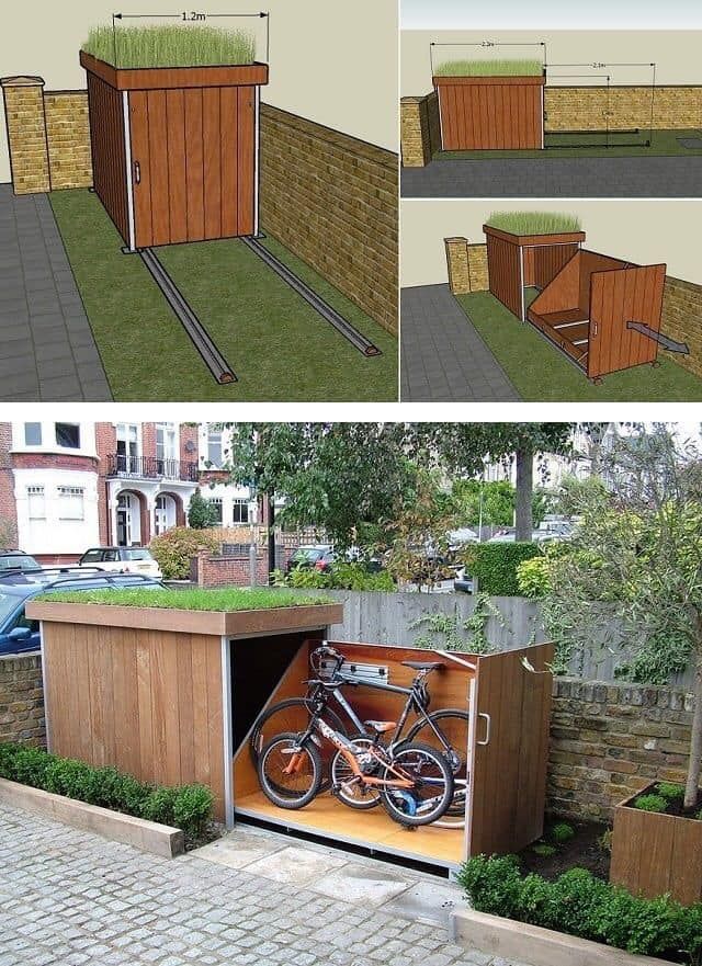 an outdoor storage shed with a bike in it and another side view of the building