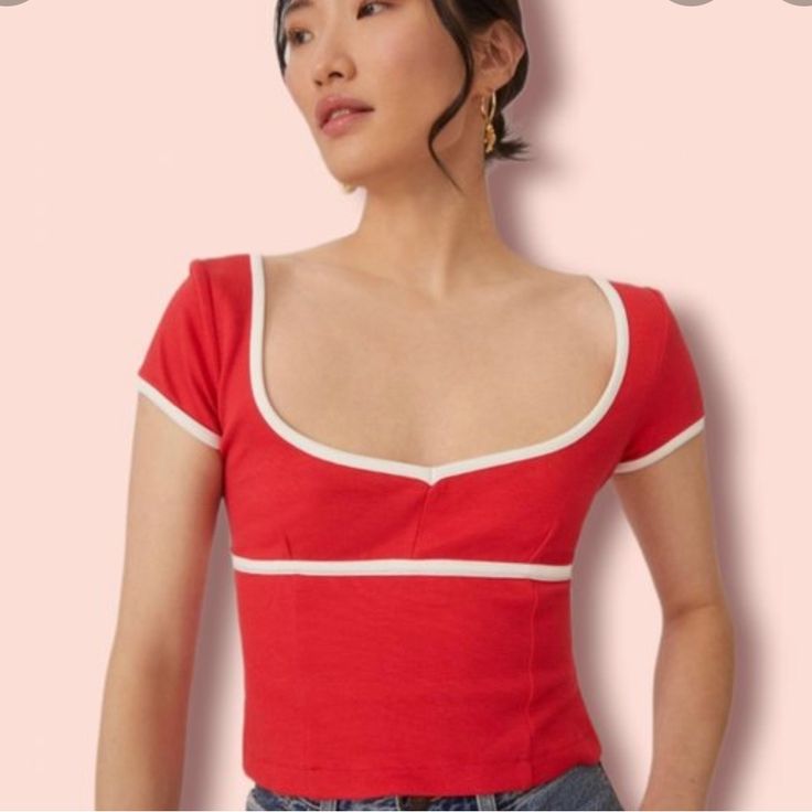 This Top Is So Fun. Nwt. Bright Cherry Red With White Piping. Top Of Shoulder To Bottom Hem Is 19”. Red Fitted V-neck Top, Red Fitted Cotton Tops, Fitted Cotton Flirty Tops, Cute Red V-neck Top, Fitted Flirty Cotton Tops, Trendy Red Cropped Top, Red Fitted Scoop Neck Top, Trendy Fitted Red Tops, Cute Fitted Cropped Tops