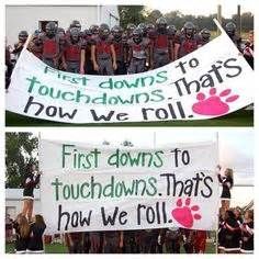 two pictures of people holding up a banner with dogs on it and first down that's how we roll