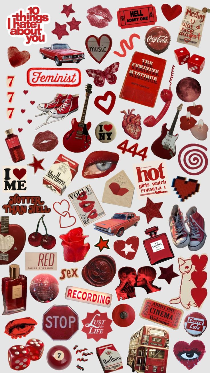 many different red and white stickers are arranged in the shape of heart shaped shapes