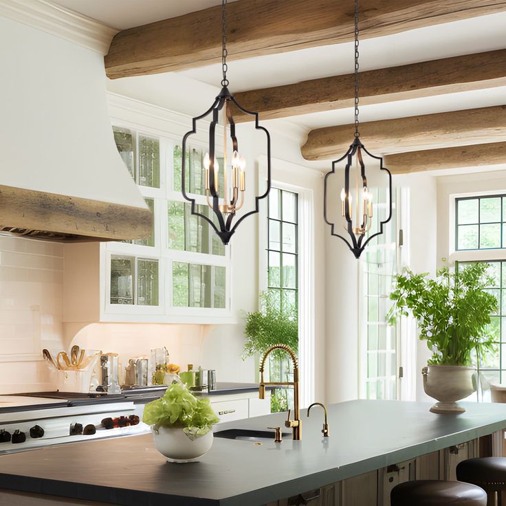 a kitchen with an island and hanging lights over the counter top, along with potted plants