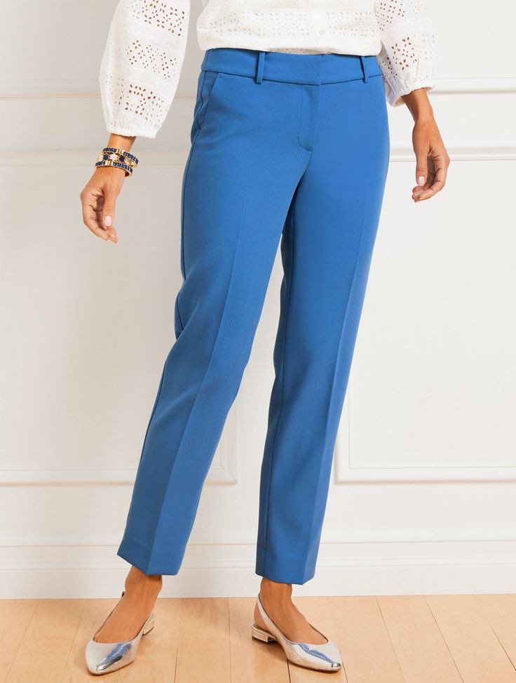 Talbots Hampshire Straight Ankle Pants. A versatile straight-leg silhouette in our all-season stretch fabric. New Invisiflex Comfort Waist Technology has an invisible elastic back waistband that adjusts to your body for the perfect, comfortable fit. Hello, legs. Also available in Talbots Hampshire Ankle Pants - Curvy Fit. Features Flat front/trouser Straight leg Hits at waist Ankle length Fly front with hook & bar closure Front slash, back welt pockets Imported Fit: Misses: 29"; Long: 31"; Petit Paisley Pants, Staple Dress, Womens Chinos, Stretch Dress Pants, Wide Leg Dress Pants, Nike Tennis Dress, Classic Style Women, Pants Blue, Jumpsuit Trousers