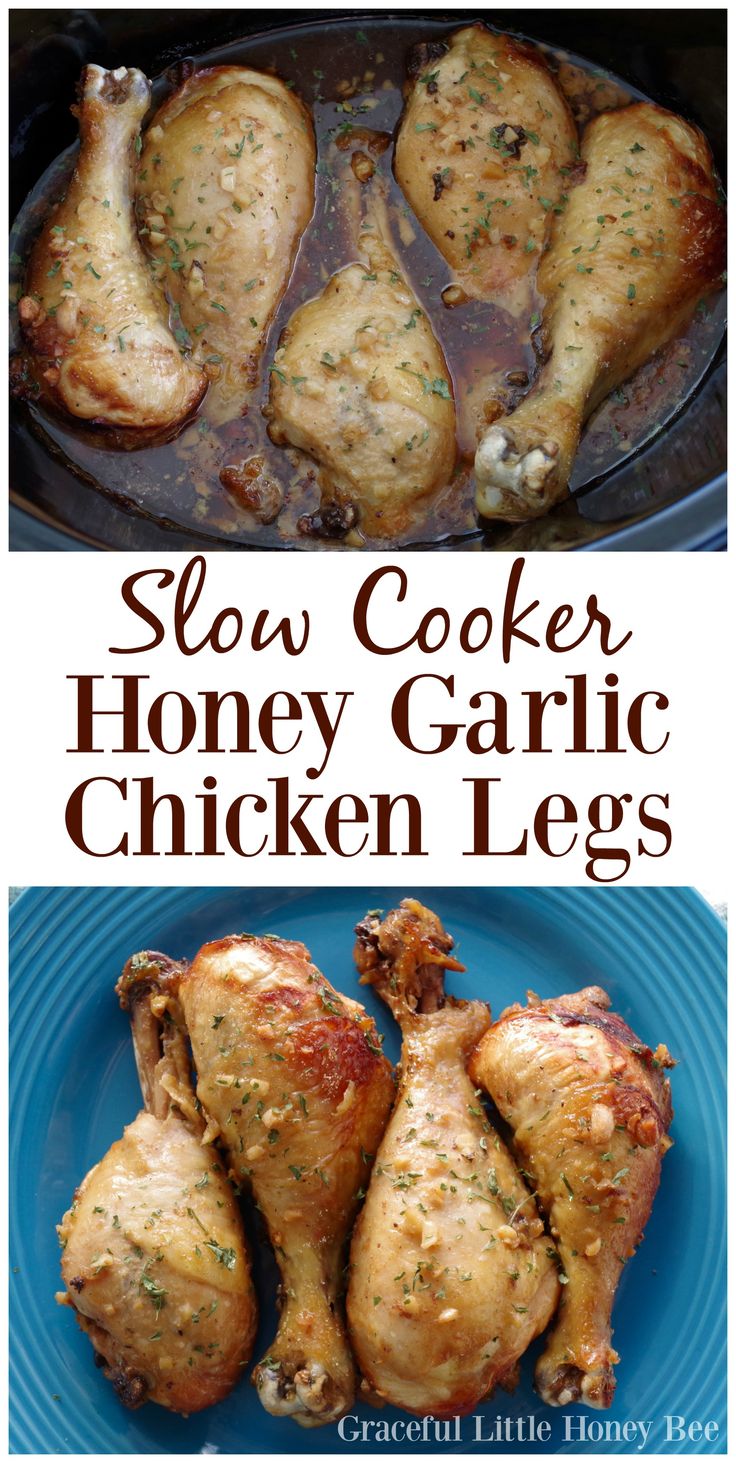 slow cooker honey garlic chicken legs in a blue plate with text overlay that says slow cooker honey garlic chicken legs