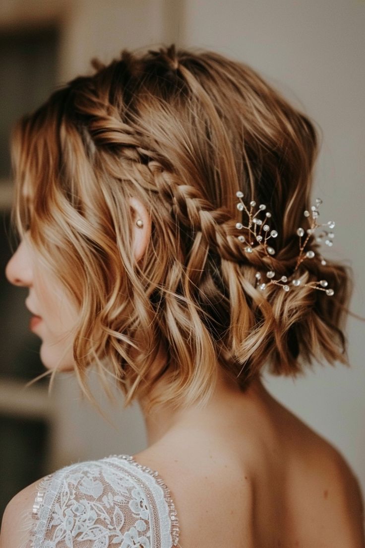 the back of a woman's head with braids and flowers in her hair