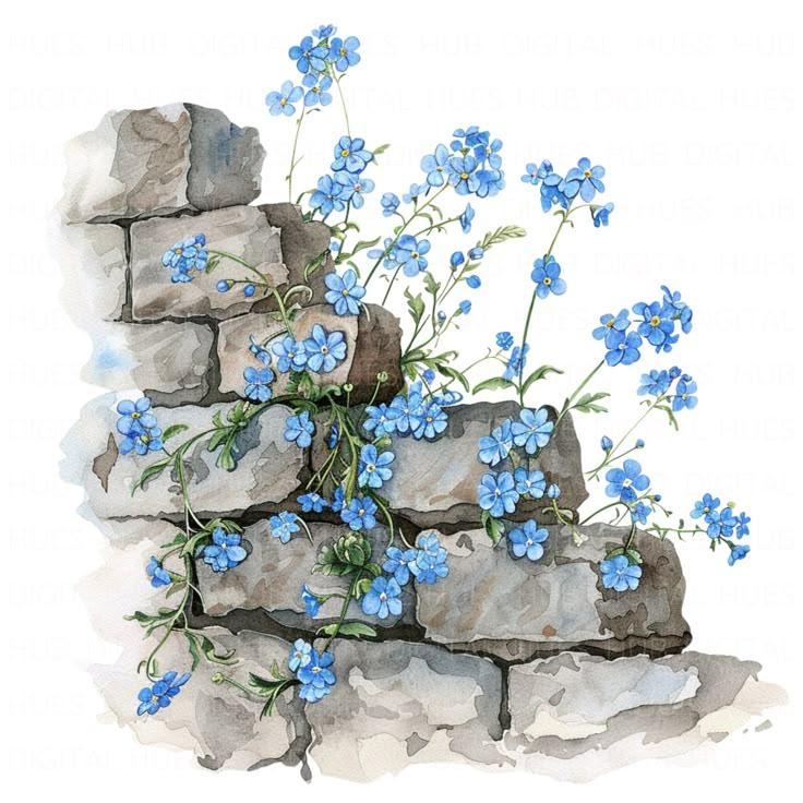 a painting of blue flowers growing out of a brick wall with watercolor paint on it