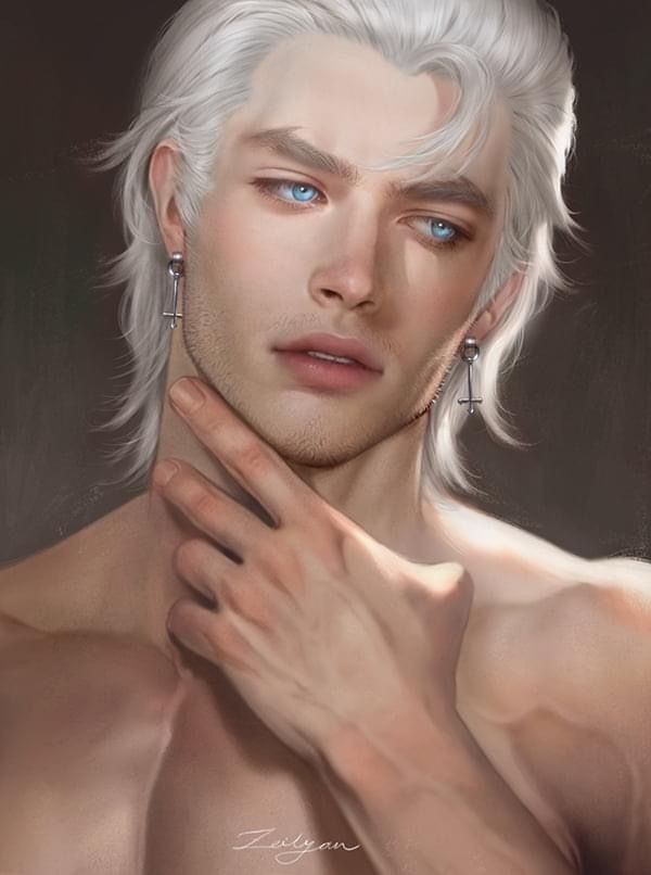 an image of a man with white hair and blue eyes