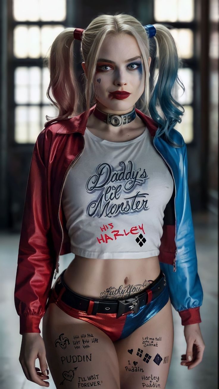 a woman with blue hair and tattoos on her body