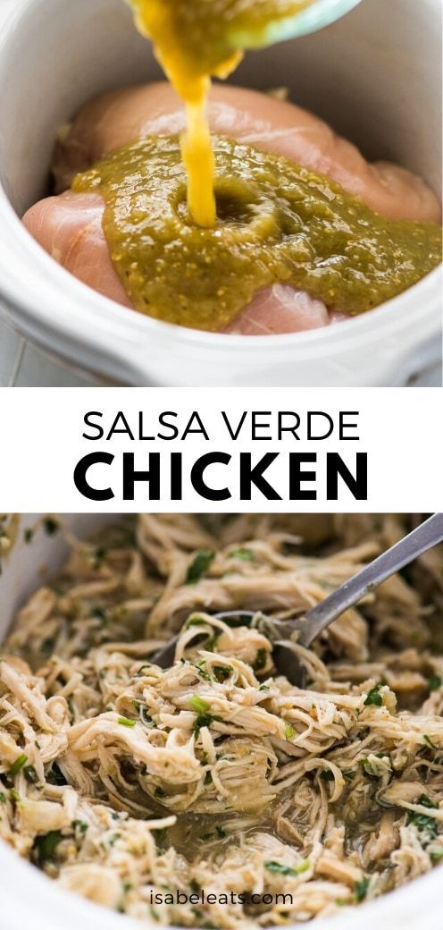 salsa verde chicken is being poured into a white bowl