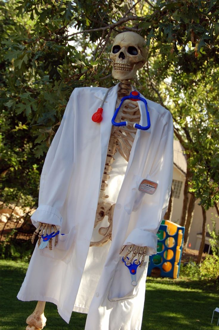 a skeleton dressed up as a doctor is standing in the grass