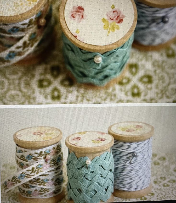 two pictures show different types of thread spools and spools with flowers on them