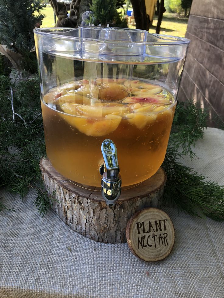 a glass pitcher filled with liquid sitting on top of a wooden stand next to a tree stump