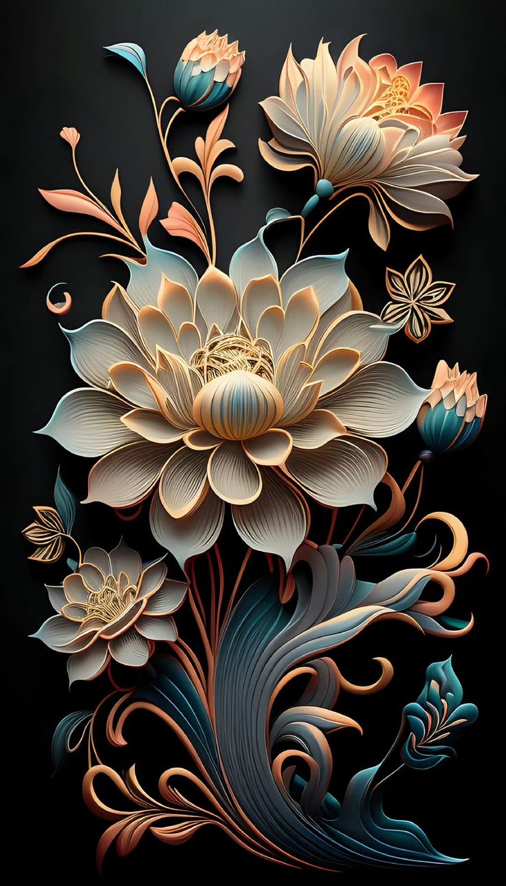 an artistic painting of flowers on a black background