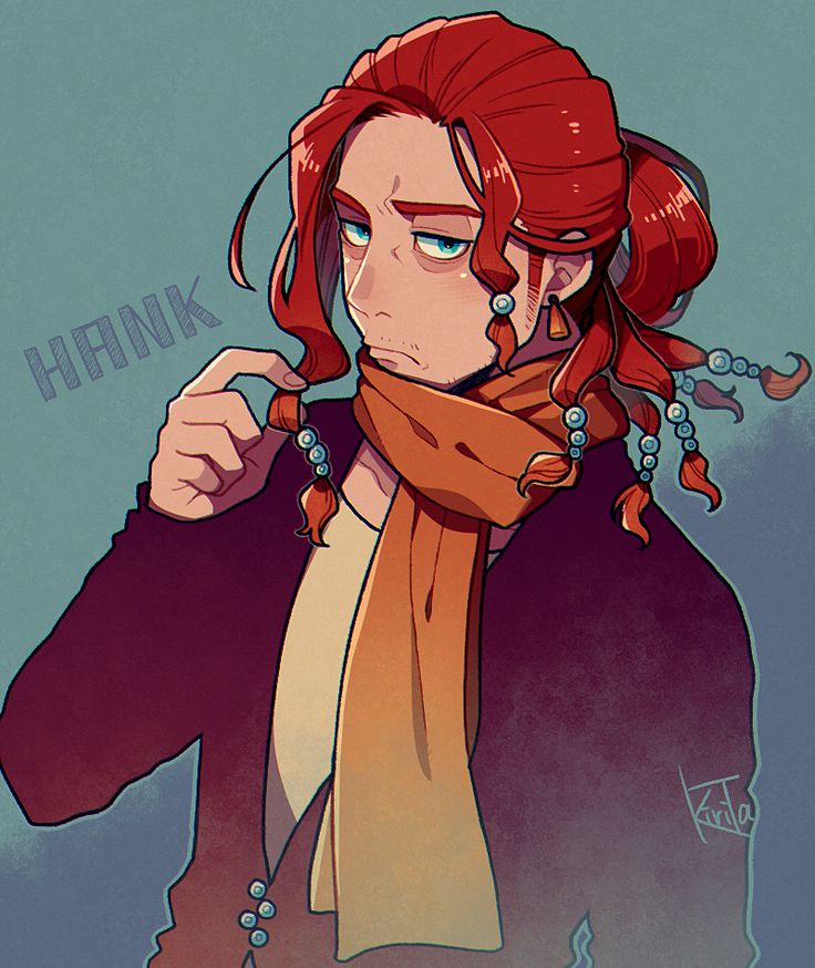 a drawing of a woman with red hair wearing a scarf and holding her finger to her mouth