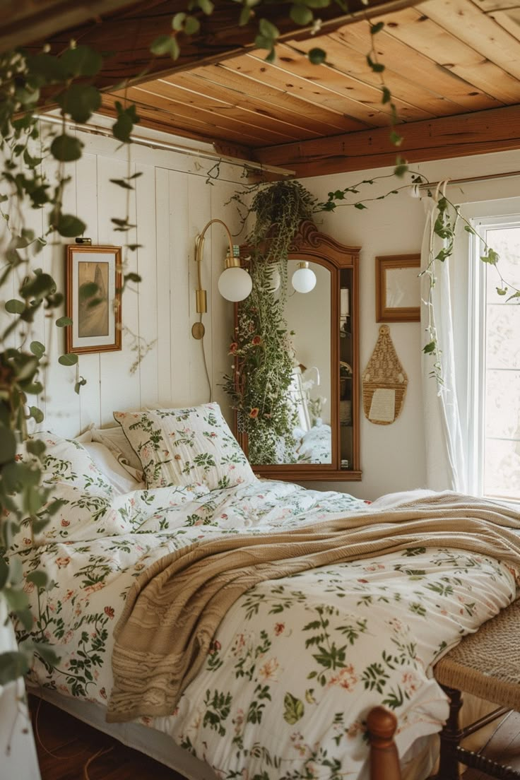 a bed sitting under a window next to a wooden frame with plants on the wall