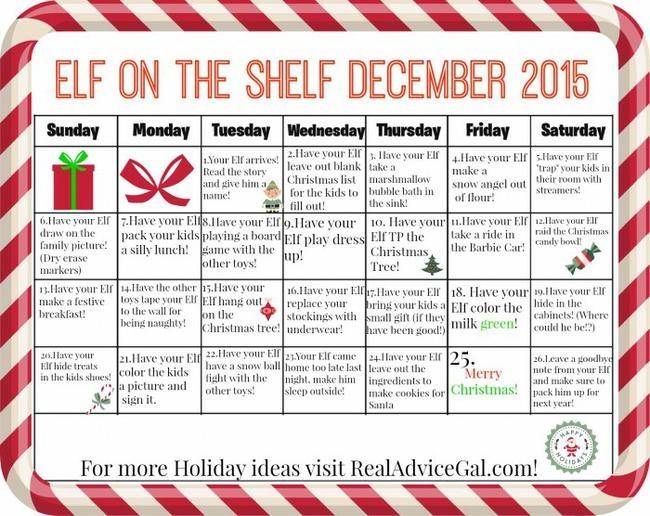 a holiday calendar with the words elf on the shelf december and christmas written below it