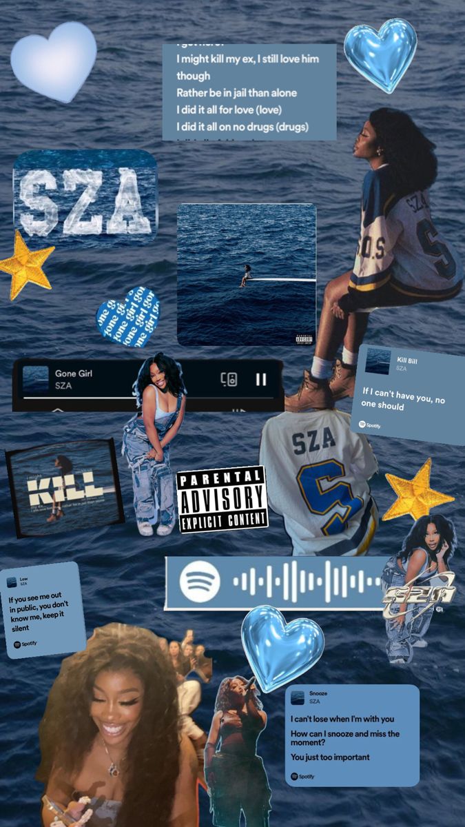 a collage of various images with the words sza on them and some pictures