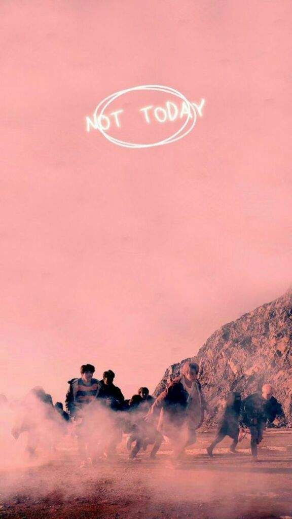 a group of people walking across a dirt field under a pink sky with the words not today above them