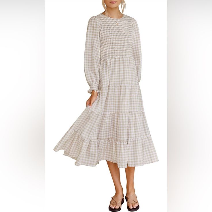 Nwt Color: Beige Product Details Fabric Type One Hundred Percent Rayon Care Instructions Machine Wash Origin Imported Closure Type Pull On About This Item Size Guide: S=Us 4-6, M=Us 8-10, L=Us 12-14, Xl=Us 16-18. Fitted At The Torso, But Flowy At The Skirt, This Babydoll Dress Will Makes A High Impact Whenever You Wear It. The Fit-And-Swing Maxi Features An Eye-Turning Gingham Print, Breezy Flounces Sleeves With Elasticized Cuffs, A Stretchy Shirred Bodice And A Ruffled Tiered Maxi Skirt. Breezy Casual Midi-length Prairie Dress For Daywear, Casual Midi Prairie Dress For Daywear, Casual Midi Length Peasant Dress For Daywear, Casual Midi Peasant Dress For Daywear, Casual Billowy Smock Midi Dress, Casual Long Sleeve Prairie Dress For Daywear, Spring Casual Long Sleeve Prairie Dress, Casual Cream Midi Dress With Smocked Back, Casual Cream Midi Dress With Smocked Bodice