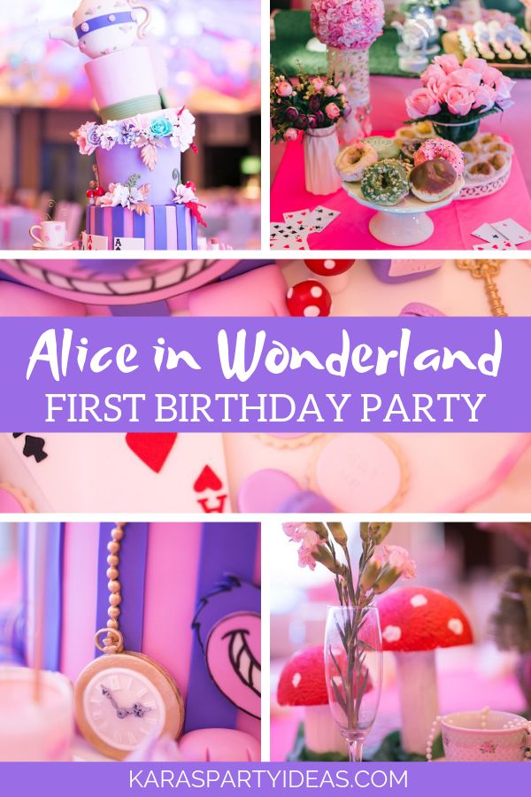 alice in wonderland first birthday party with pink and purple decorations, cake, cupcakes