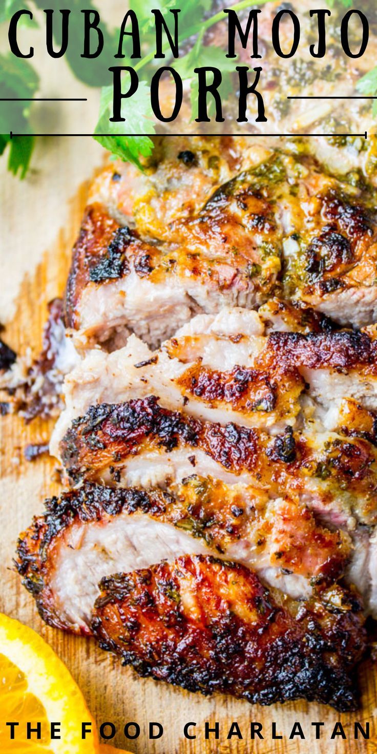 Oven roasted pork in a marinade of Cuban ingredients like orange, lime, mint, garlic, and more. Cuban Mojo Marinated Pork, Cuban Mojo, Mojo Pork, Recipe Pork, Pork Roast Recipes, Food Charlatan, Pork Dinner, Roasted Pork, Marinated Pork