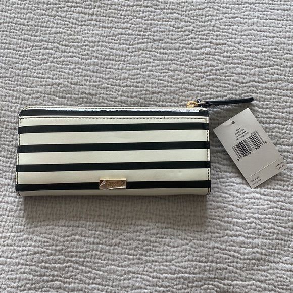 Kate Spade Large Continental Wallet Black And White Stripes Many Compartments Formal White Wallet With Zipper Closure, Chic White Wallets For Daily Use, White Rectangular Kate Spade Wallet, Trendy Kate Spade Rectangular Wallet, Chic White Wallet For Everyday Use, Chic White Wallets For Everyday Use, White Kate Spade Wallet For Everyday Use, Chic Kate Spade Wallets With Interior Card Slots, Kate Spade Chic Clutch For Everyday Use