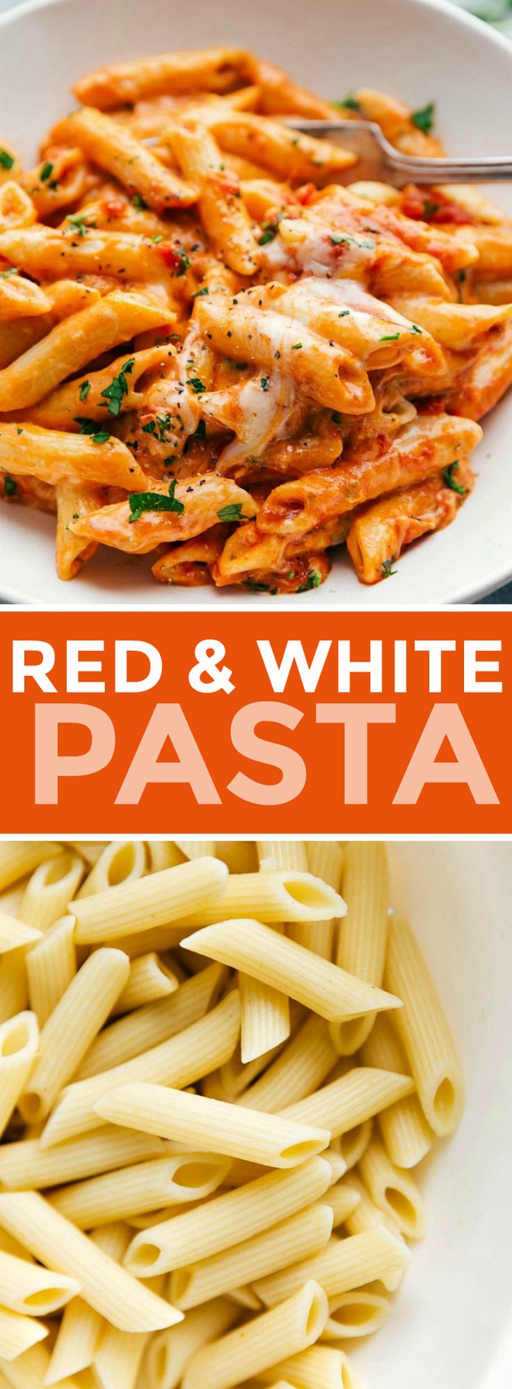 red and white pasta in a bowl with parmesan cheese on the side, and an orange text overlay that says red and white pasta