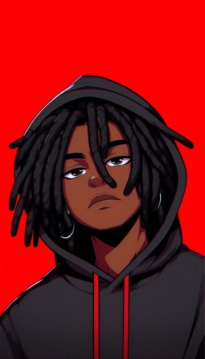 a man with dreadlocks wearing a hoodie and looking at the camera while standing in front of a red background