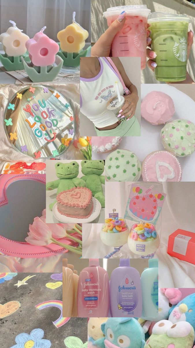 a collage of photos with baby items and cake decorating on it's sides