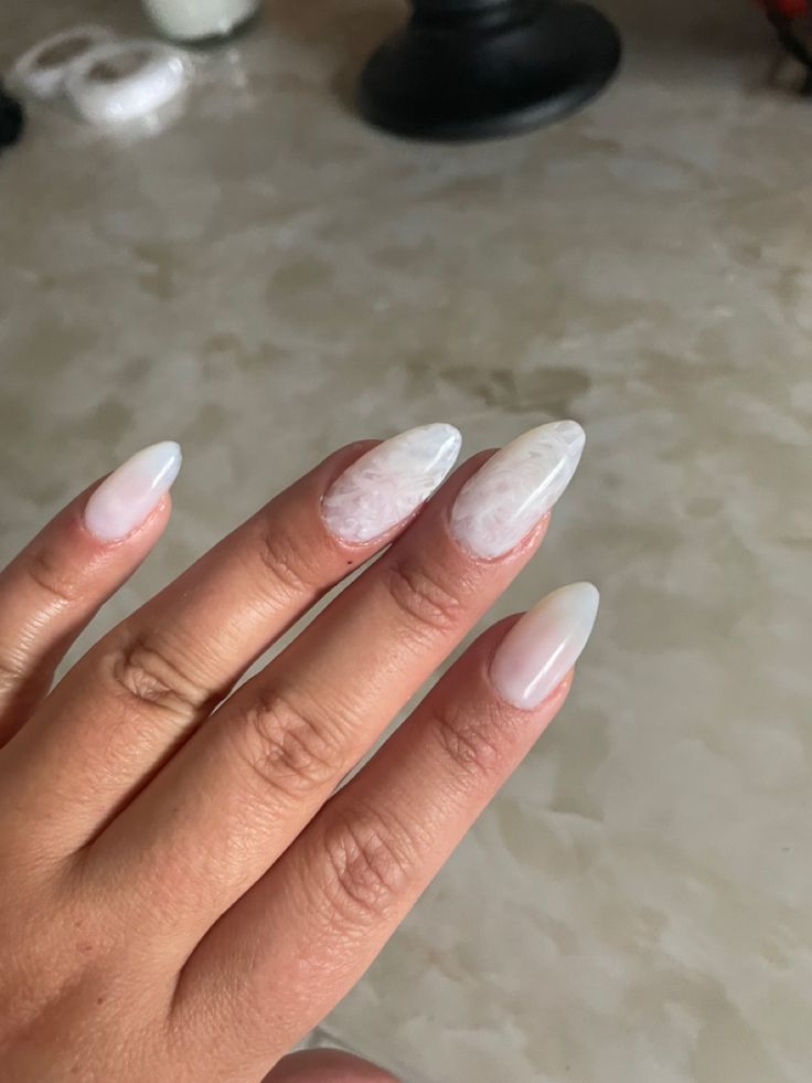 White Artsy Nails, Milky White Nails Marble, Milky White Marble Nails Acrylic, Unique White Nail Designs, Bridal Nails Unique, Nails With Milky White Base, Milky Base Nails, White Marbled Nails, Milky Marble Nails