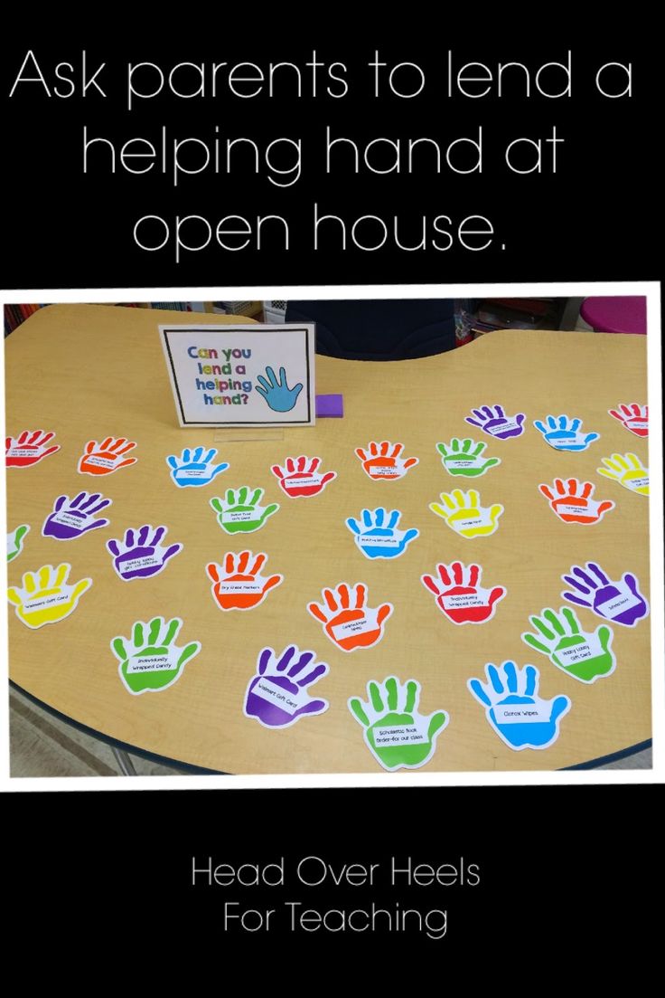 a table topped with lots of hand prints and a sign that says ask parents to lend a helping hand at open house