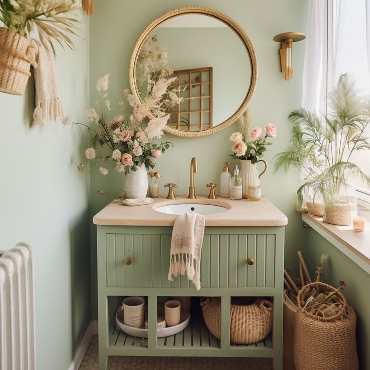 a bathroom with green cabinets and flowers in vases on the sink, mirror above it