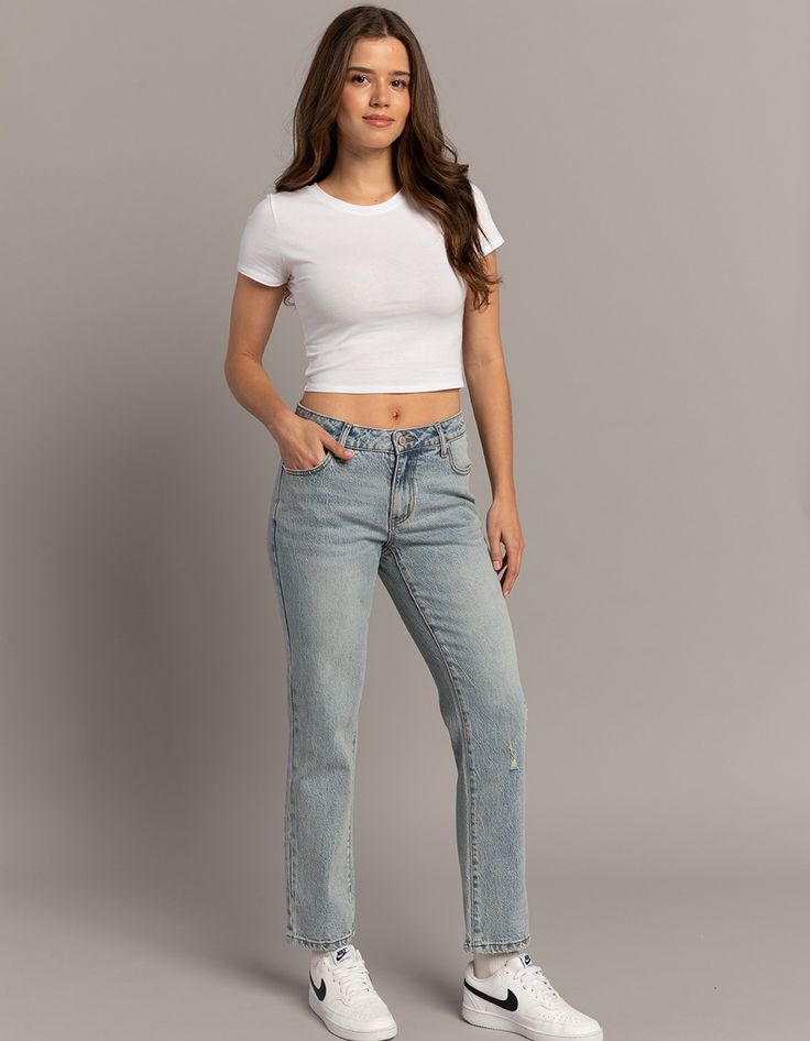 Rsq Womens Low Rise Straight Jeans. Sits On The Hips With A Slightly Relaxed Leg. Stretch Denim. Zip Fly And Button Closure. Belt Loop Waist. Traditional Five Pocket Styling. Tapered Leg. Slight Distressing. Approx. Inseam: 29.5''. 48% Cotton, 31% Tencel, 20% Recycled Cotton, 1% Spandex. Machine Wash. Imported. | Rsq Low Rise Straight Jeans Low Rise Straight Jeans, Basic Girl, Tapered Leg Jeans, Low Rise Jeans, Styling Ideas, Girls Jeans, Recycled Cotton, Jean Outfits, Tapered Legs