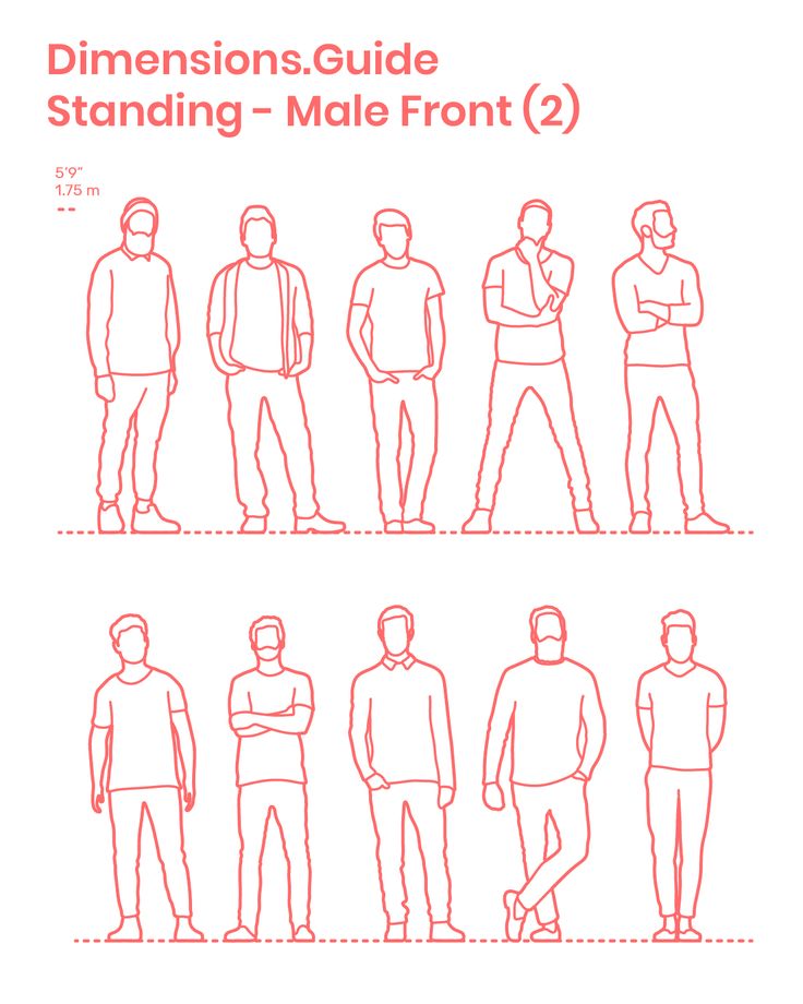 an image of men standing in line with the text dimensionss guide standing - male front