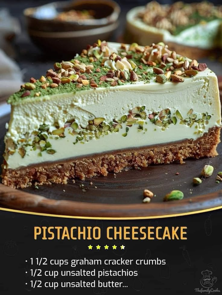 a piece of pistachio cheesecake on a plate