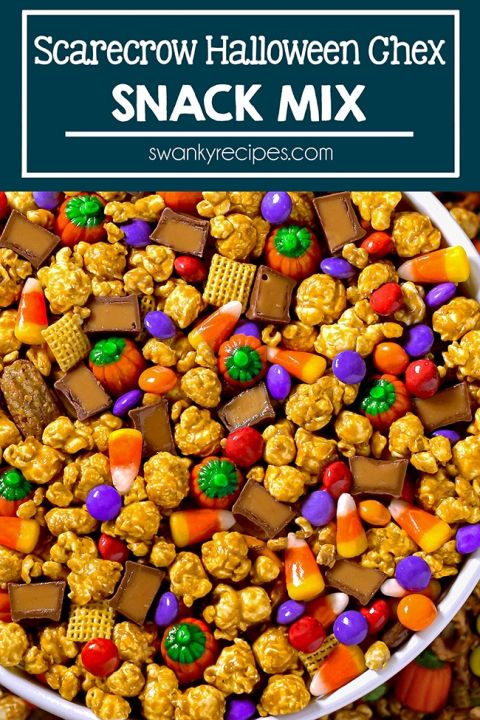 halloween snack mix in a white bowl with the title text overlay reads scarecrow halloween chex snack mix