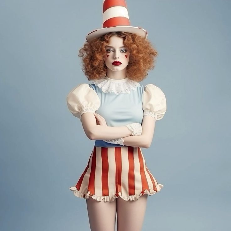 a woman with red hair wearing a striped skirt and hat is posing for the camera