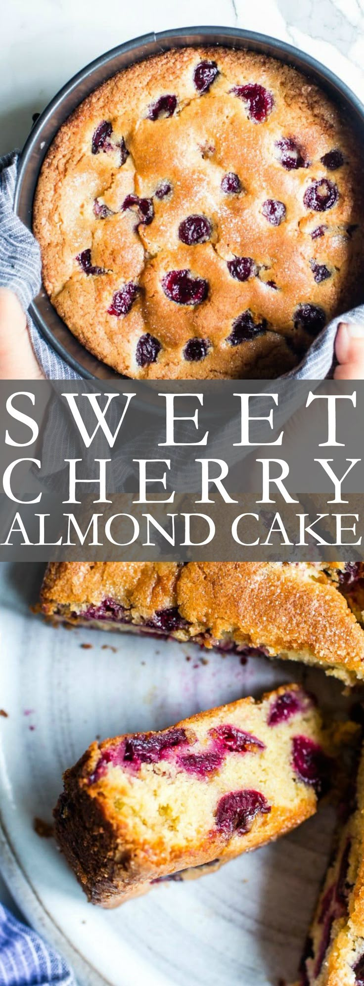 a close up of a pie on a plate with the words sweet cherry almond cake