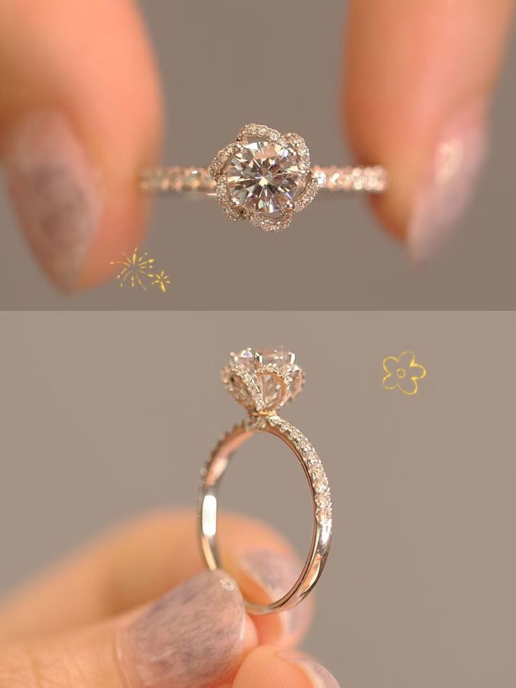 two different views of a diamond ring being held by someone's hand with their fingers