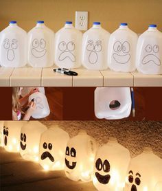 halloween decorations made out of milk jugs with faces drawn on them and eyes drawn on the bottles