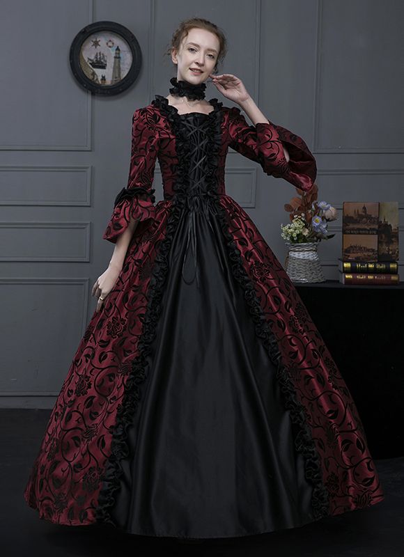 Wine Red Renaissance Gothic Victorian Dress for Women Condition: Brand New  Color:Blue/Wine Red/Green  Material: This dress made of High Quality Brocade, soft,smooth and comfortable to wear  Sleeve Length: Long Flare Sleeve  Dresses Length:Floor-Length  Neckline: amp;nbsp; Square Collar  Decoration: Ruffles + Lace  Package Includes:  Dress    The length of skirt about 45 inches (114 cm) long from waist to hem regardless of size. This dress is pictured with a 6-hoop skirt Petticoat underneath to Vampire Ball Gown, Vampire Gown, Historical Dresses Victorian, Victorian Ball Gowns, Gothic Victorian Dresses, Vintage Ball Gown, Vampire Ball, Vampire Dress, Vintage Ball Gowns