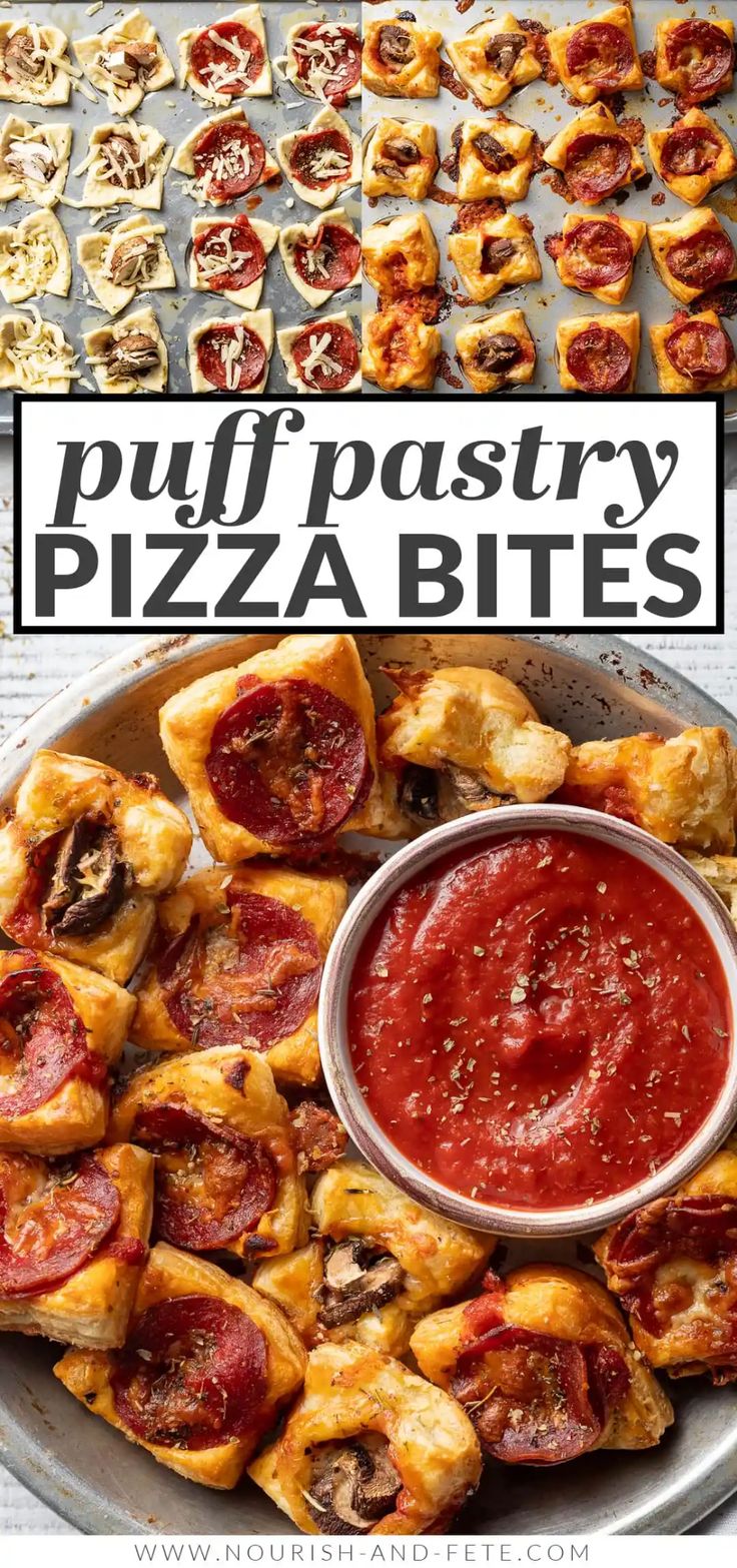 puff pastry pizza bites with marinara sauce on top and the words puff pastry pizza bites above it